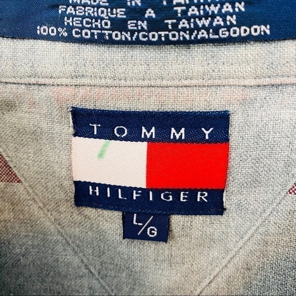 Men shirt Tommy Hilfiger Shirt button down long sleeve gray maroon cotton Large - Picture 3 of 10